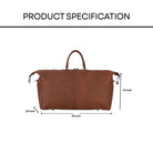 Brown leather bag with dimensions labeled on a white background