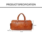 Brown leather duffel bag with dimensions on a white background