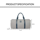 Gray duffel bag with blue straps and dimensions on a white background