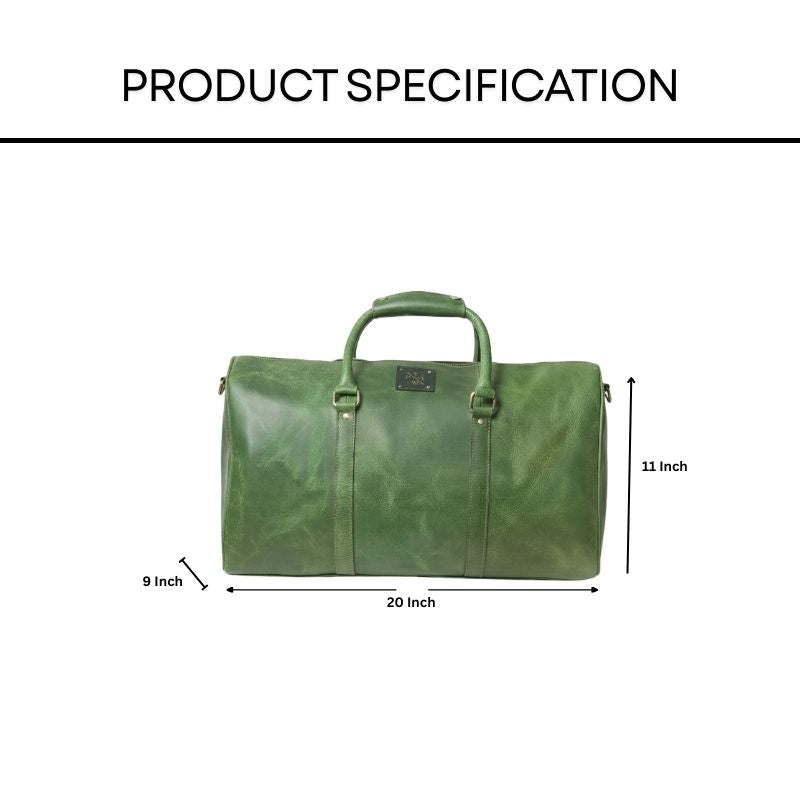 Green duffel bag with dimensions labeled on a white background