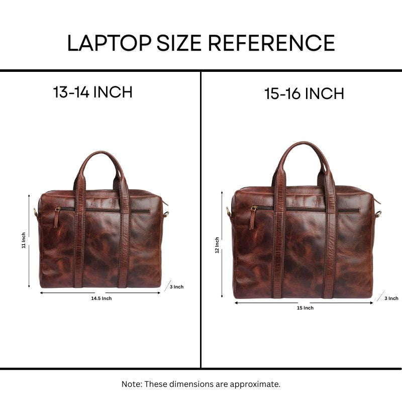 Laptop size reference chart with two brown leather bags showing dimensions for 13-14 inch and 15-16 inch laptops.