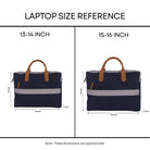 Navy blue laptop bags with brown handles for 13-14 inch and 15-16 inch laptops, with size reference measurements.