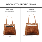 Comparison of medium and large brown leather bags with dimensions on a white background