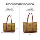 Comparison of medium and large green bags with brown handles and accents, showing dimensions.