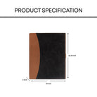 Black and brown leather file folder with dimensions on a white background