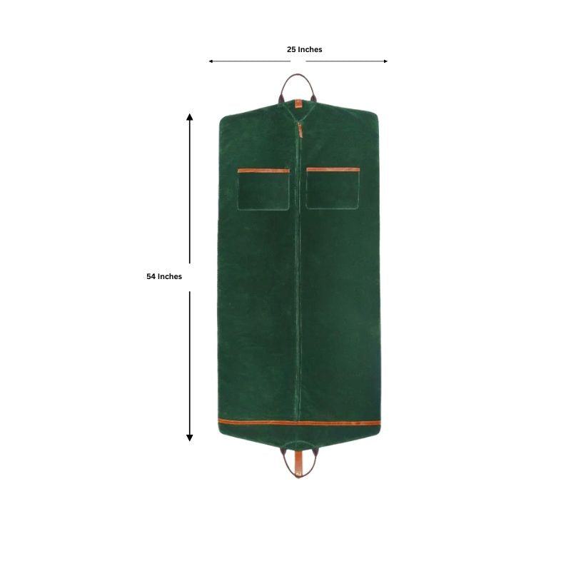 Green garment bag with measurements on a white background
