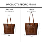 Comparison of medium and large brown leather tote bags with dimensions.