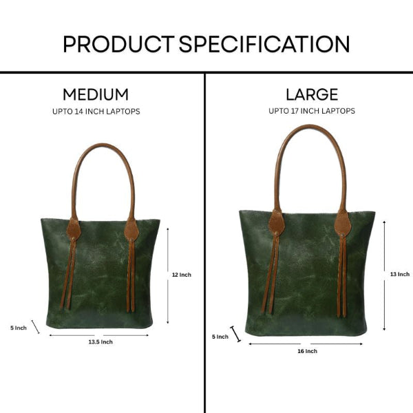 Green handbag with brown handles and measurements for medium and large sizes on a white background.