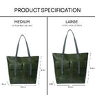 Comparison chart of medium and large green leather bags with dimensions.