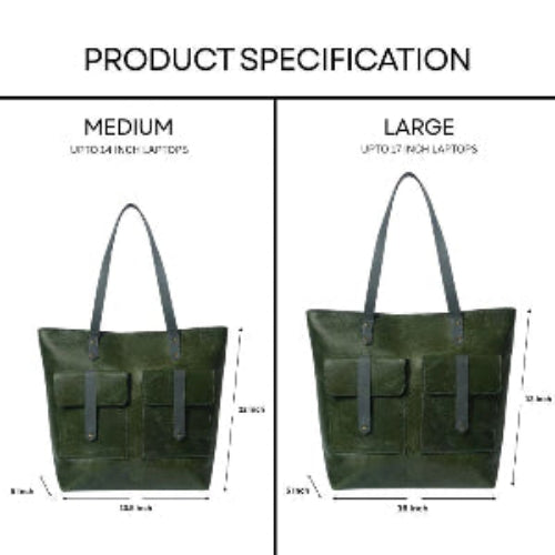 Comparison chart of medium and large green leather bags with dimensions.