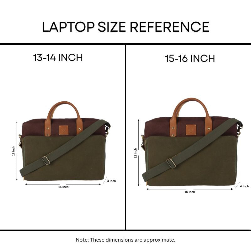Laptop size reference chart showing a green bag with brown accents for 13-14 inch and 15-16 inch laptops.