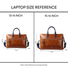 Laptop size reference chart with brown bags for 13-14 inch and 15-16 inch laptops.