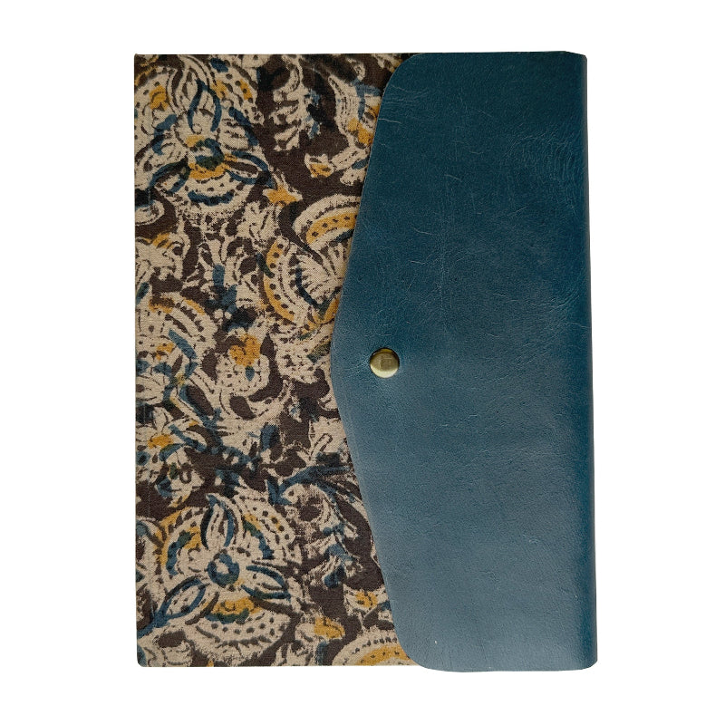 Blue leather clutch with floral patterned interior on a white background