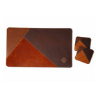 Brown leather placemat with two coasters on a white background