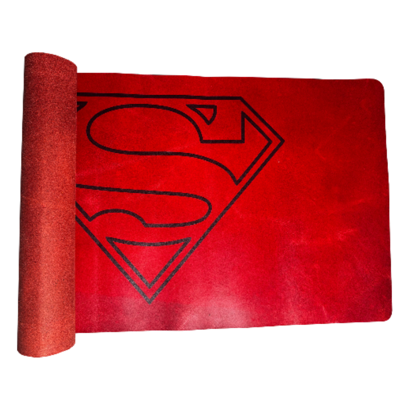 Red yoga mat with a black logo on a white background