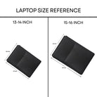 Laptop size reference chart showing 13-14 inch and 15-16 inch laptops with dimensions.