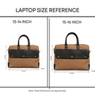 Laptop size reference chart with two bags labeled for 13-14 inch and 15-16 inch laptops.