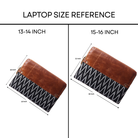 Laptop size chart for 13-14 and 15-16 inch with brown and patterned cover.