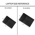 Laptop size reference chart showing 13-14 inch and 15-16 inch laptops with dimensions.