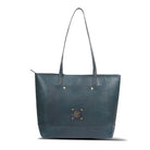 Blue leather tote bag with a brand logo on a white background