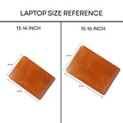 Laptop size chart with two brown leather sleeves showing 13–14 and 15–16 inch sizes.