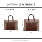 Laptop size reference chart with two bags labeled for 13-14 inch and 15-16 inch laptops.