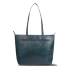 Blue leather tote bag on a white background