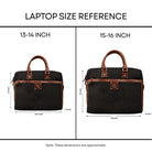 Laptop size chart with two black bags showing 13–14 and 15–16 inch dimensions.