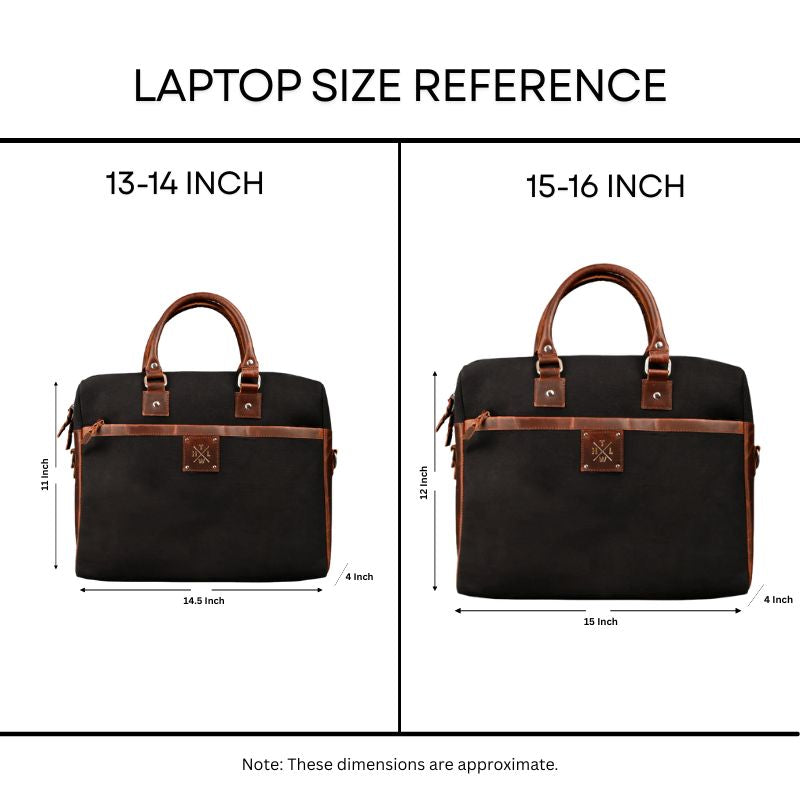 Laptop size reference chart with two black bags showing dimensions for 13-14 inch and 15-16 inch laptops.