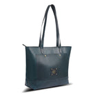 Blue tote bag with gold accents on a white background