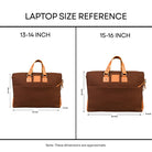 Laptop size reference chart with brown bags for 13-14 inch and 15-16 inch laptops.