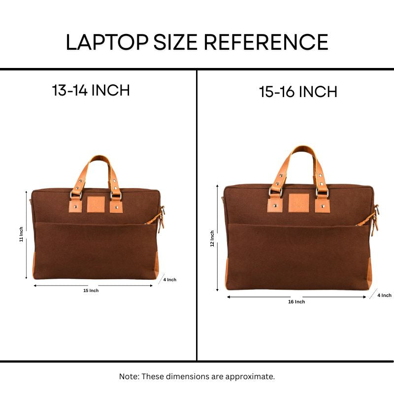 Laptop size reference chart with brown bags for 13-14 inch and 15-16 inch laptops.