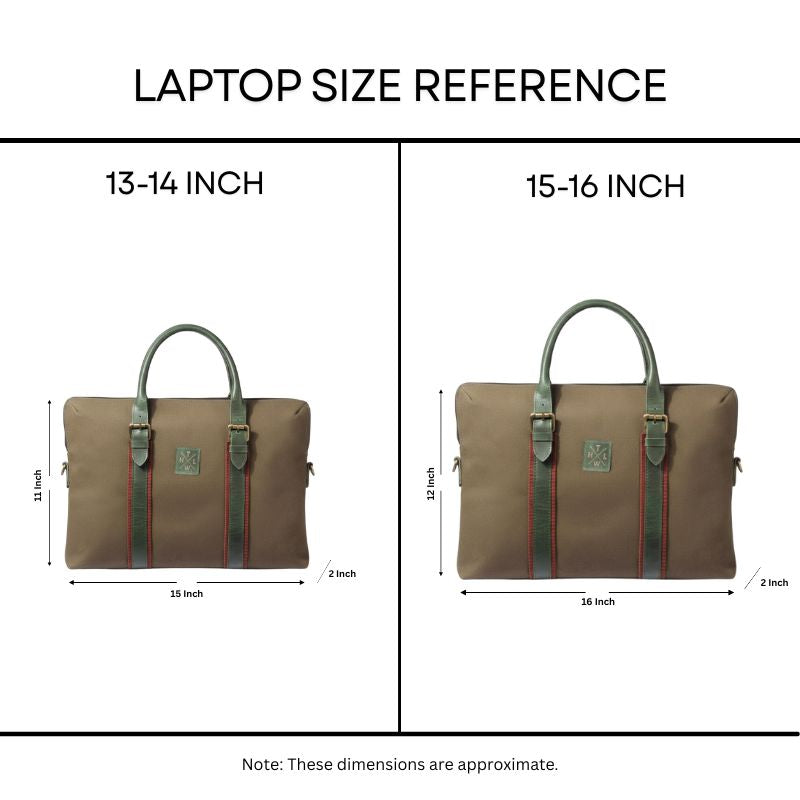 Laptop size reference chart with two brown bags labeled for 13-14 inch and 15-16 inch laptops.