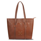 Brown leather tote bag with a visible brand logo on a white background