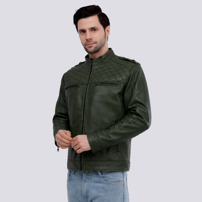 Man wearing a green leather jacket on a light gray background