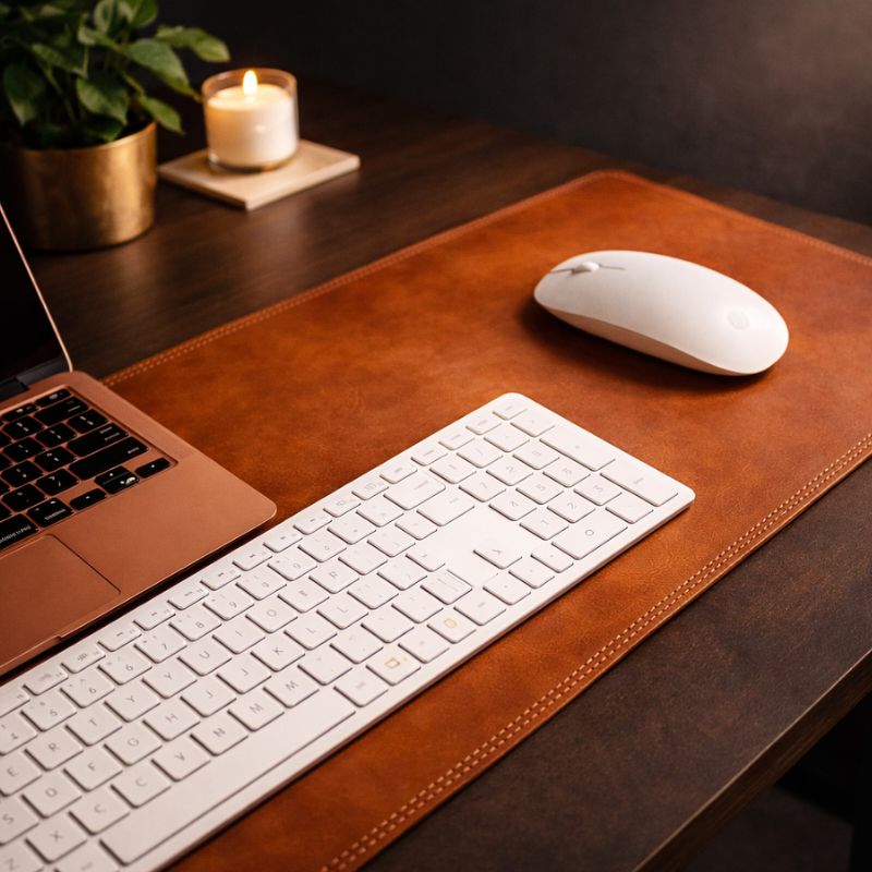 Laptop, keyboard, and mouse on a wooden desk with a leather pad