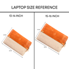 Two clutch bags with dimensions labeled for 13-14 inch and 15-16 inch laptops.