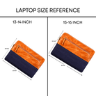 Laptop size chart with orange and navy pouches for 13–14 and 15–16 inch laptops.