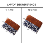 Laptop size reference chart with two bags labeled for 13-14 inch and 15-16 inch laptops.