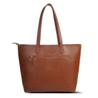 Brown leather tote bag on a white background