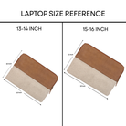 Laptop size chart with brown and beige pouch for 13–14 and 15–16 inch laptops.