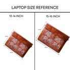 Laptop size reference chart with two brown bags showing 13-14 inch and 15-16 inch dimensions.