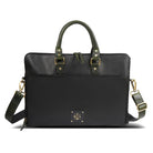 Black leather briefcase with gold accents on a white background