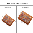 Laptop size chart with two floral pouches for 13–14 and 15–16 inch laptops.