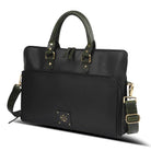 Black leather briefcase with green straps on a white background