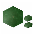 Set of green hexagonal placemats with a logo on a white background