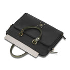 Black leather briefcase with green handle on a white background