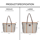 Comparison of medium and large tote bags with dimensions on a white background