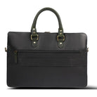 Black leather briefcase with green straps on a white background