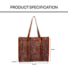 Brown patterned tote bag with measurements on a white background